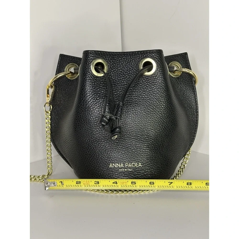 Anna Paola, Bucket Bag Black Pebbled Leather Drawstring Gold Chain Made In Italy